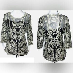 EUC- Ultra Pink Black & Silver Embroidered Soutache Top